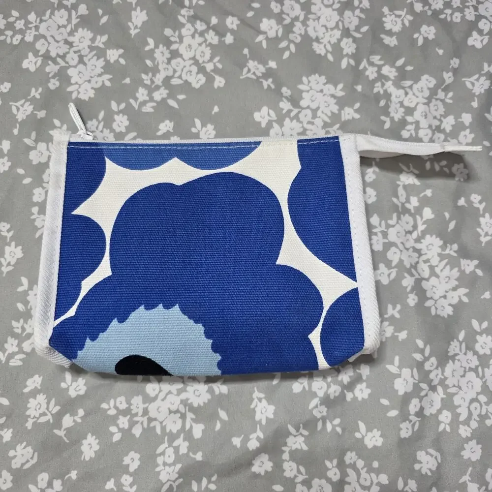 Marimekko Blue Floral Zipper Pouch 2001 Vintage Finland Canvas